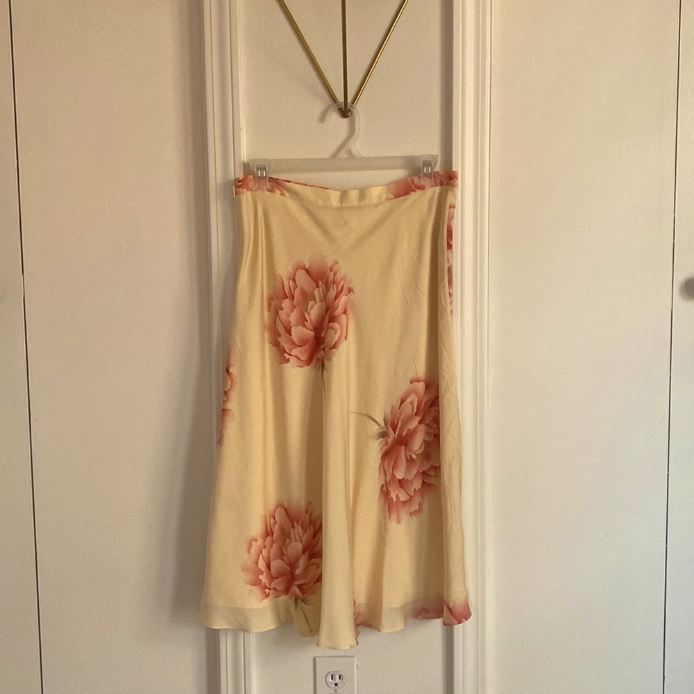 100% Silk Banana Republic Cream Midi Skirt with Pink Floral Print